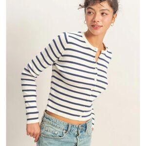 Double Zero Navy Nautical Striped Button Cardigan S M L NEW Ribbed Knit Sweater